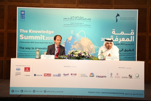 His Excellency Jamal Bin Huwaireb, managing director of MBRF and Yakub Beris, from UNDP during the press conference 